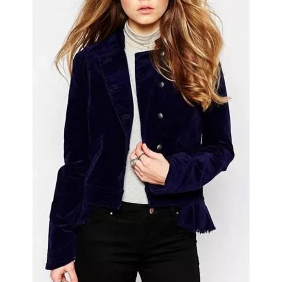 Free‎ People Velvet Military Blazer Uncut Cord Jacket Ruffle Raw Hem OB433908A - Picture 1 of 13